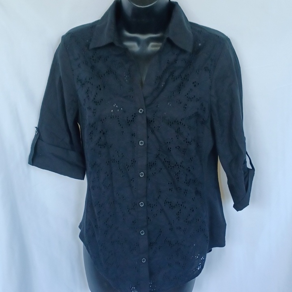 Grand and Greene sz S black cotton button down shirt, eyelet front, roll sleeve